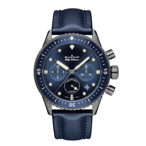 Fifty Fathoms Bathyscaphe Flyback Chronograph Grey Ceramic / Blue / Blue Canvas