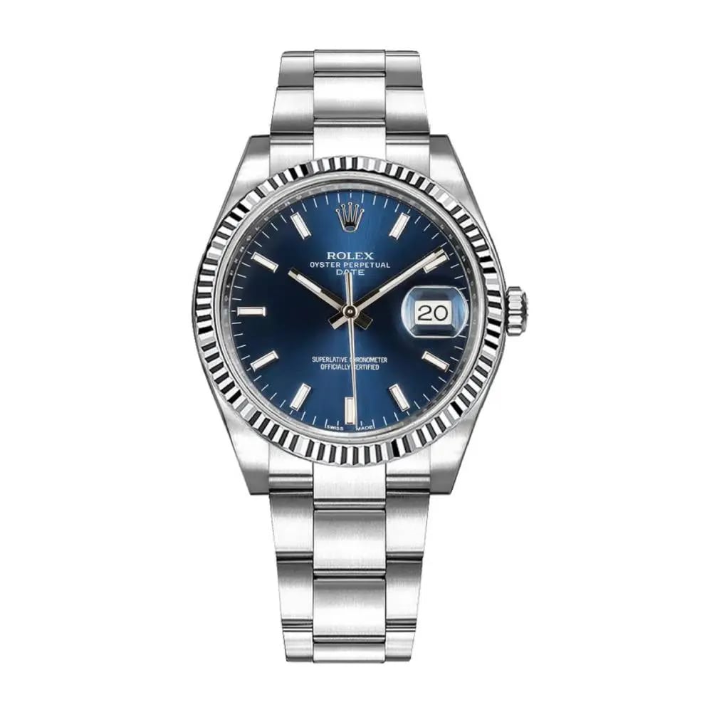 Rolex Oyster Perpetual Date Blue Index Dial Oyster Bracelet Box and Papers 2014, image 1 Rolex Oyster Perpetual Date Blue Index Dial Oyster Bracelet Box and Papers 2014, image 1