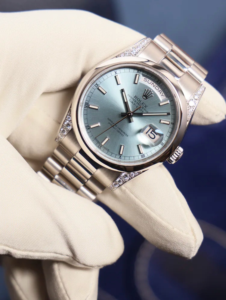 Rolex Day-Date 36 36 Ice Blue Dial Diamond Lugs Officially serviced 08/2026, image 1 Rolex Day-Date 36 36 Ice Blue Dial Diamond Lugs Officially serviced 08/2026, image 1